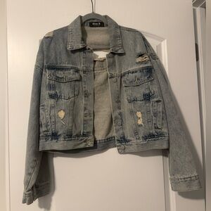 Blue B Distressed Light Blue Denim Rhinestone Fringe Jacket